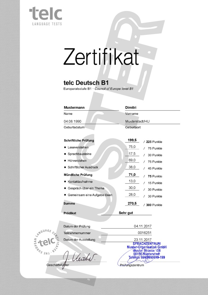 Sprach-Zertifikat TELC Deutsch B1 kaufen